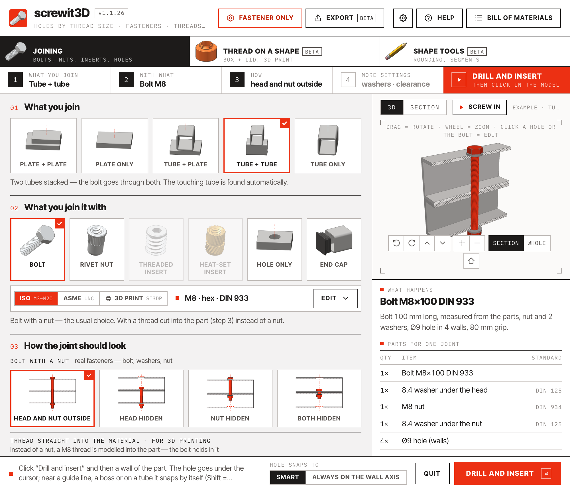 screwit3D panel: M8 bolt through two square tubes