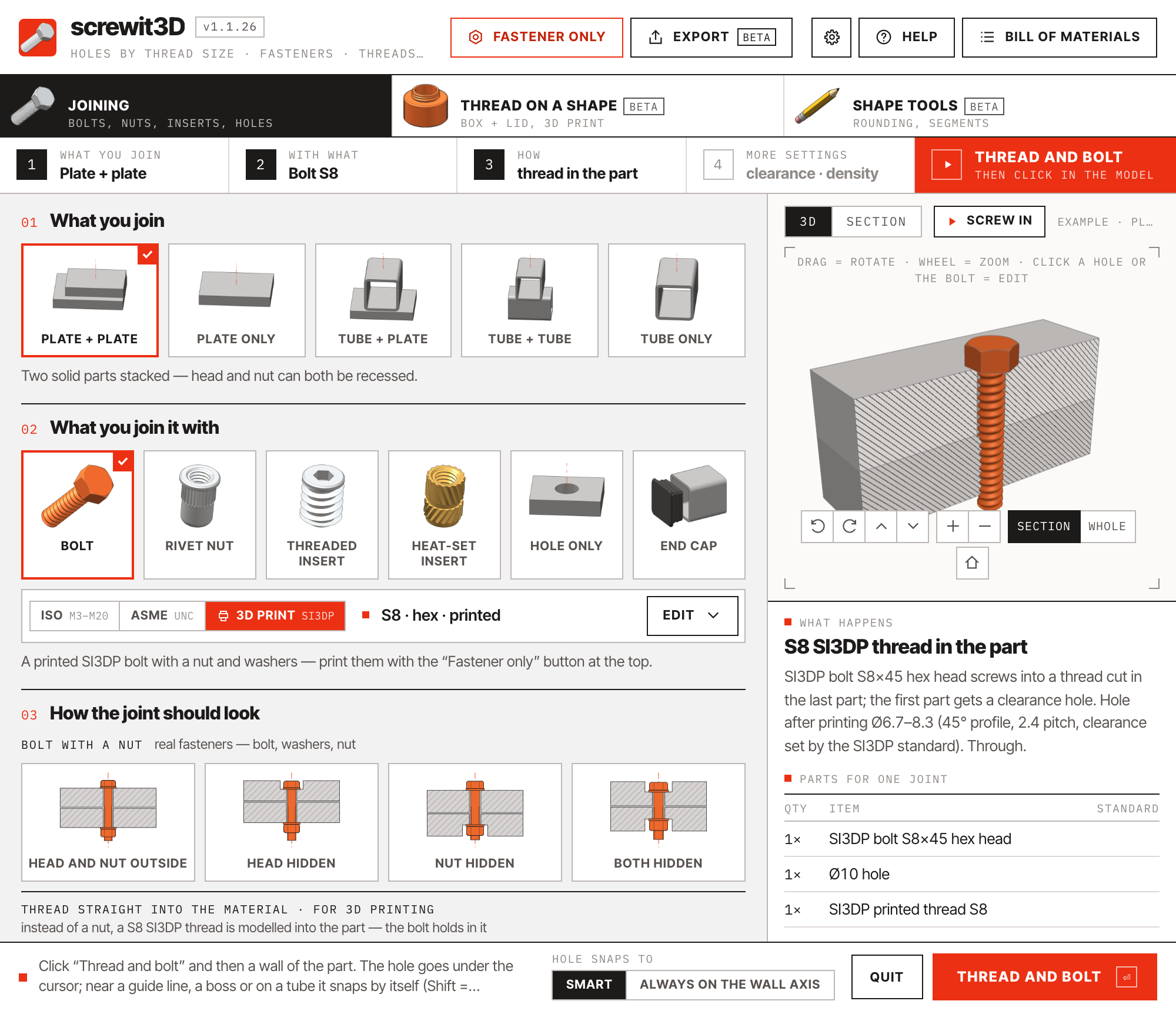 screwit3D panel: SI3DP S8 thread cut into the part with 3D preview
