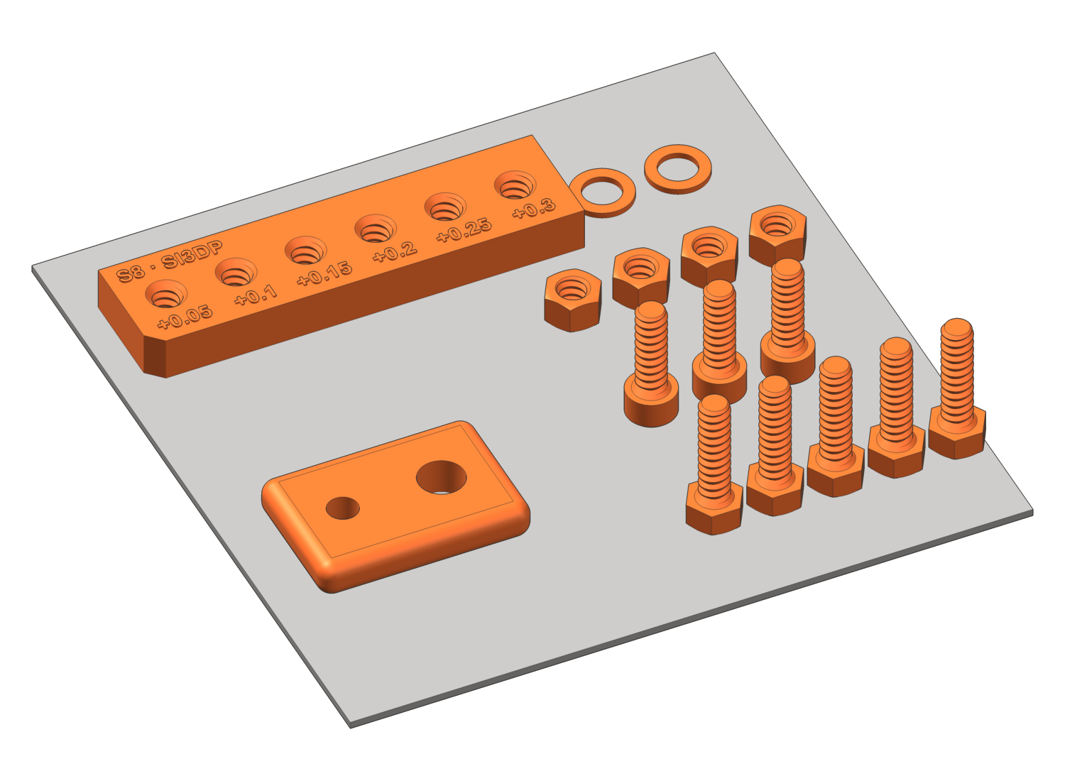 Parts laid out on a print bed: box, lid, bracket and four SI3DP screws