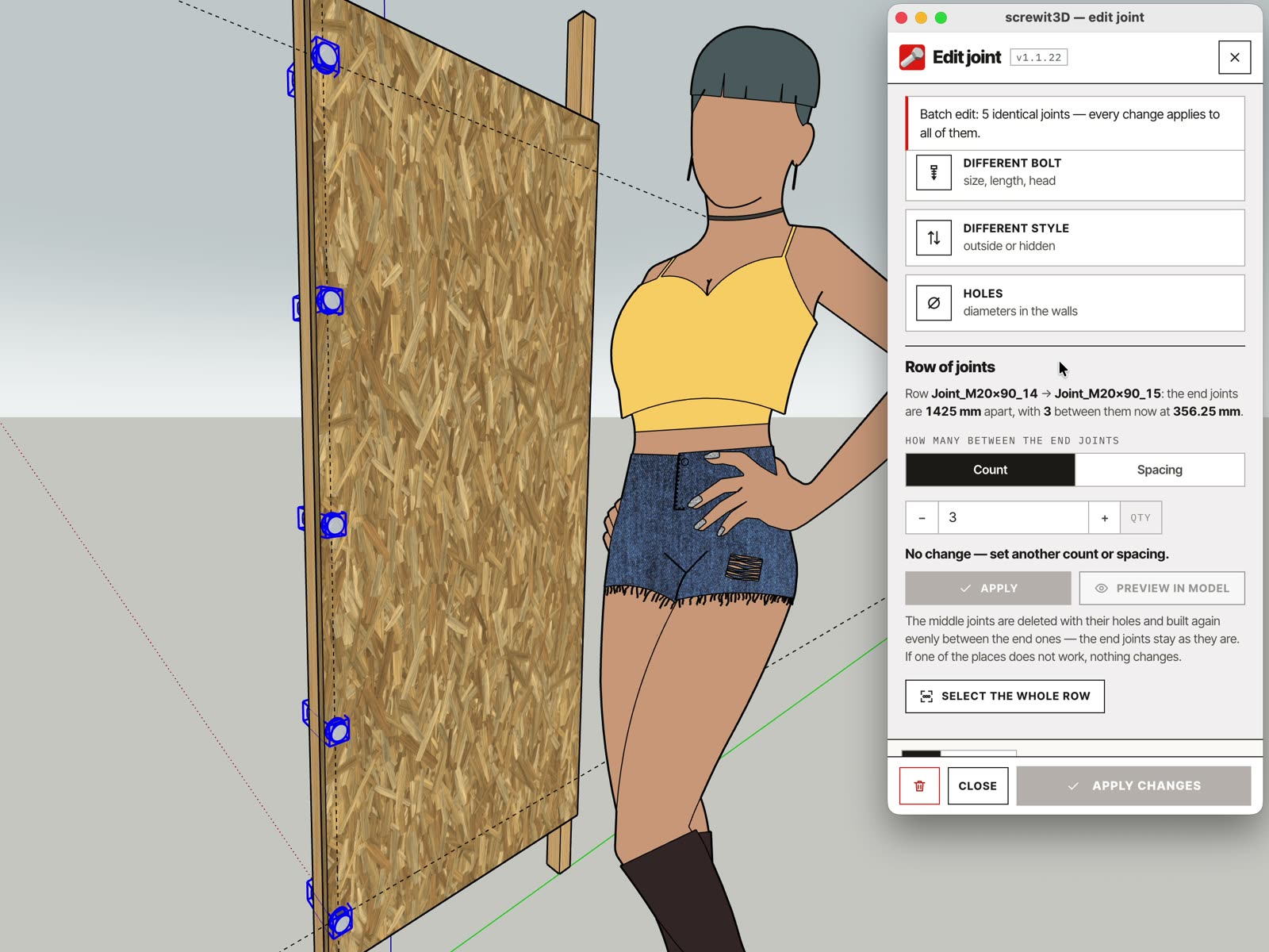 Plywood panel with blue markers showing where the new joints of a row will go, and the edit window beside it