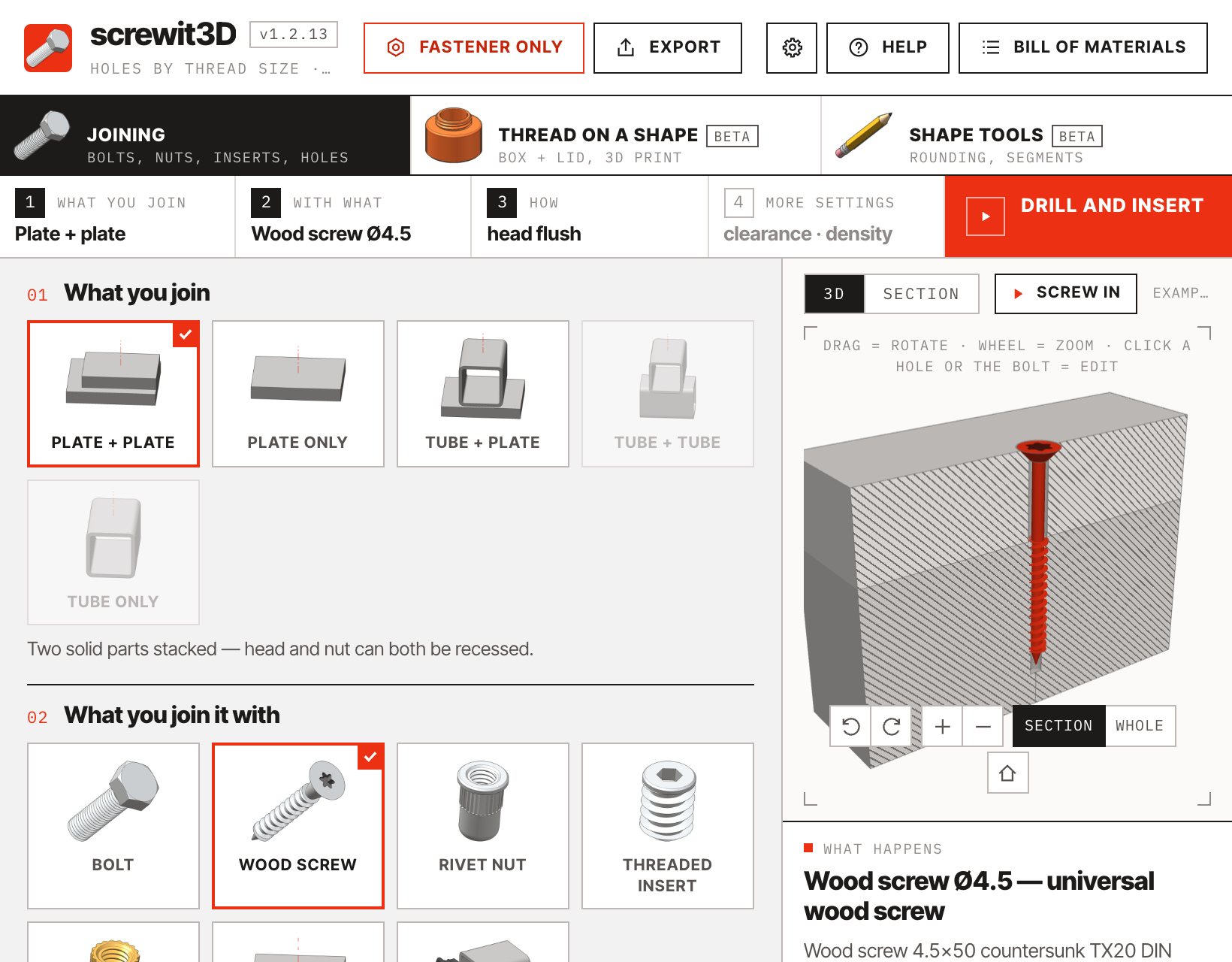 screwit3D panel with a wood screw selected: family, size, head and the pilot-hole settings