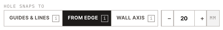 The three snapping options at the bottom of the panel: Guides and lines, From edge with a distance, Wall axis