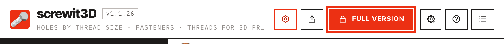 screwit3D panel header with the Full version button