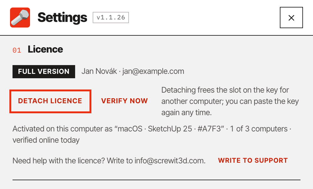 Detach licence button