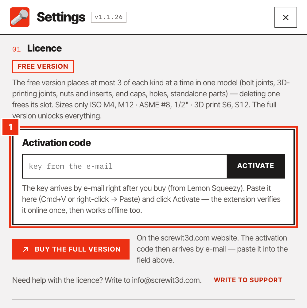 Settings window with the Activation code field