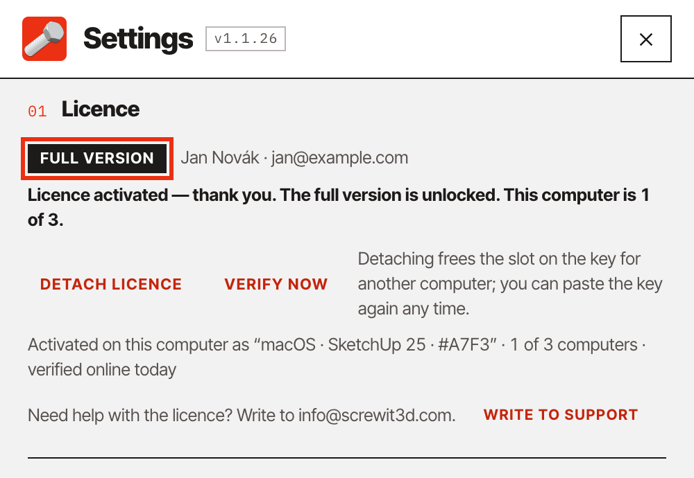 Settings window showing Full version