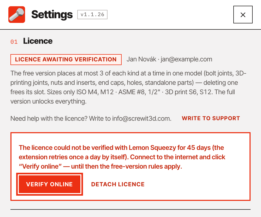 Licence awaiting verification, Verify online button