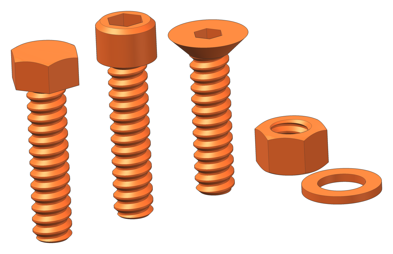 SI3DP S12 screw with hex, socket and countersunk head, nut and washer