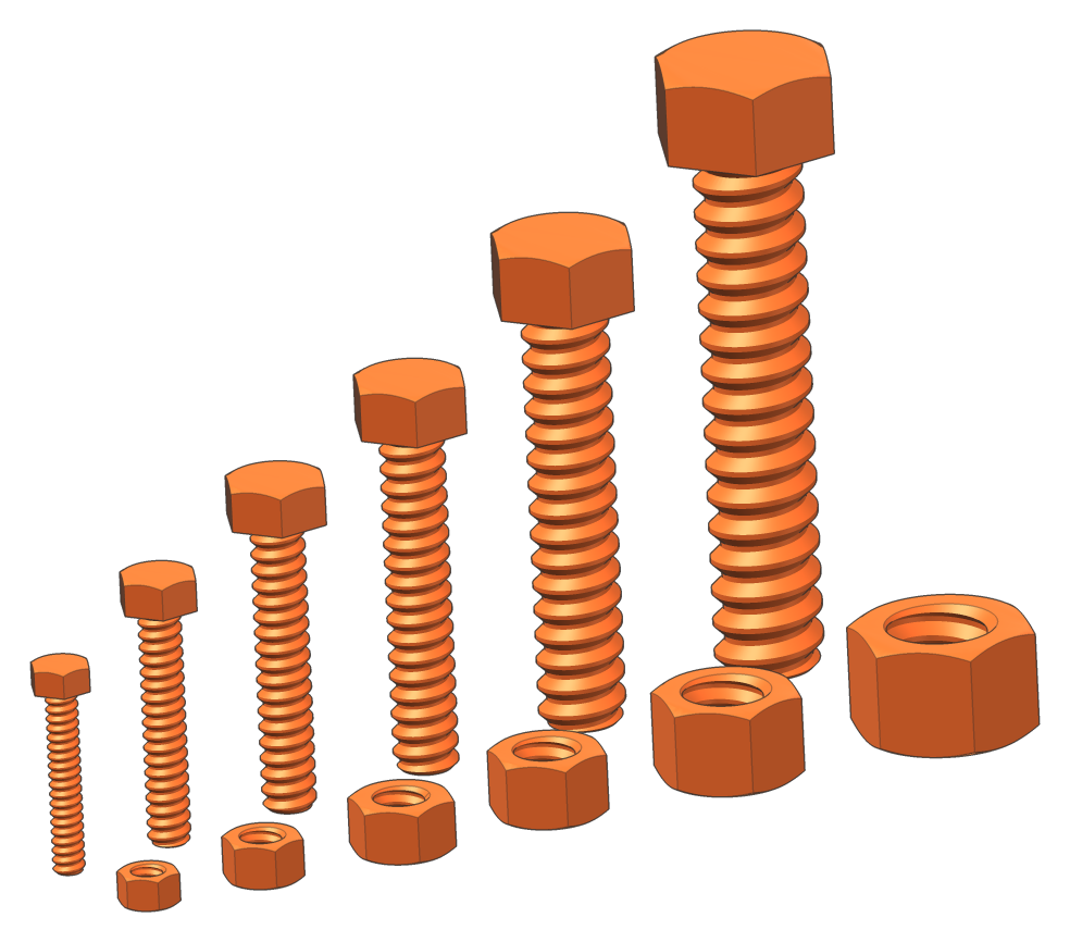 SI3DP hex screws and nuts, sizes S6 to S20