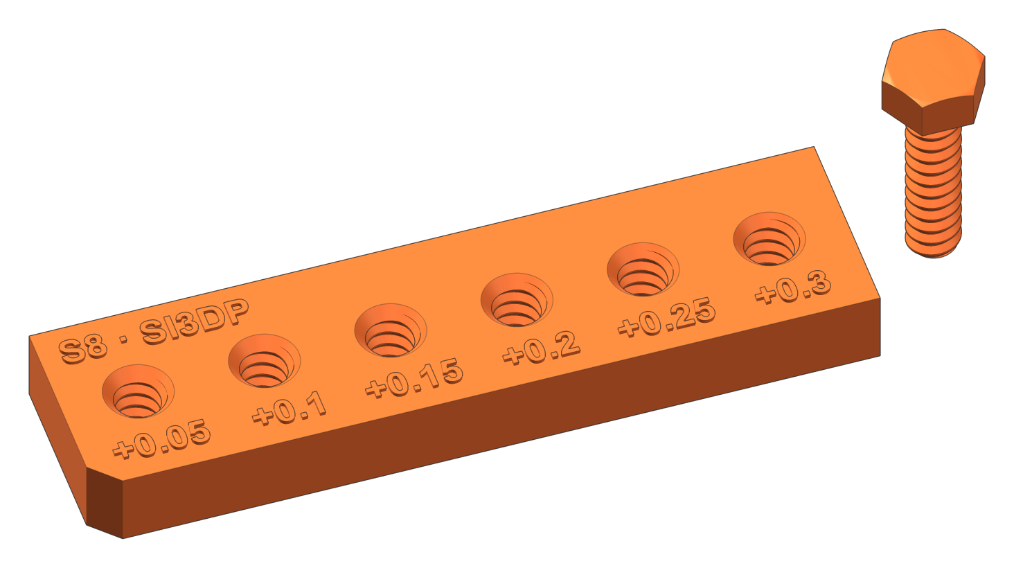 SI3DP S8 test plate with six clearances and an S8 screw